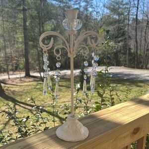 White Crystal-Accented Candle Holder with Hanging Prisms